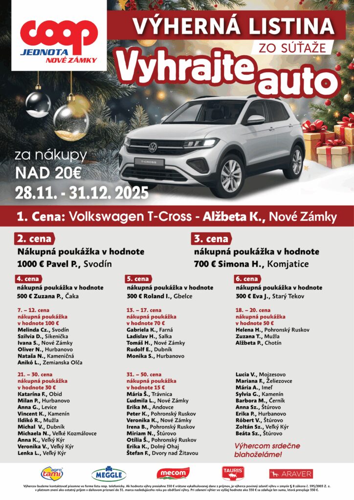 Výherná listina Vianočnej súťaže o auto 2025 COOP Jednota Nové Zámky