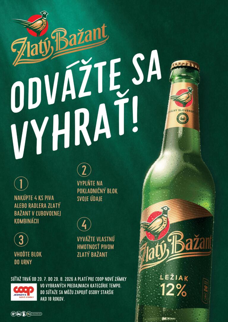 Súťaž s pivom Zlatý Bažant v predajniach COOP Jednota Nové Zámky