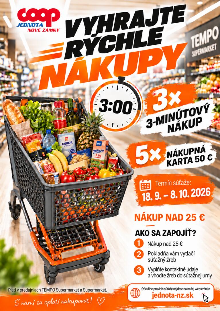 Čo nakúpite za 3 minúty? Súťažte s COOP Jednota Nové Zámky o nákup zadarmo alebo kartu za 50 €. Nakúpte nad 25 € od 18. 9. do 8. 10. 2026.
